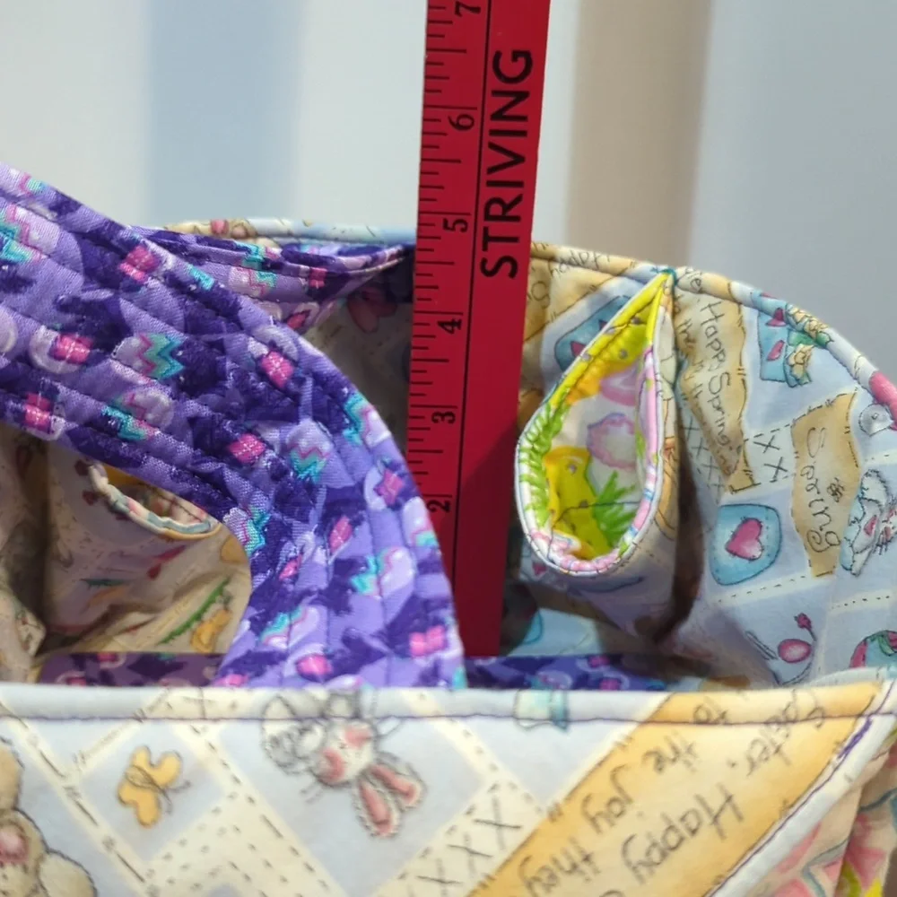 Spring Basket Fabric Handled Handmade Theme of Bunnies Hearts Color Eggs